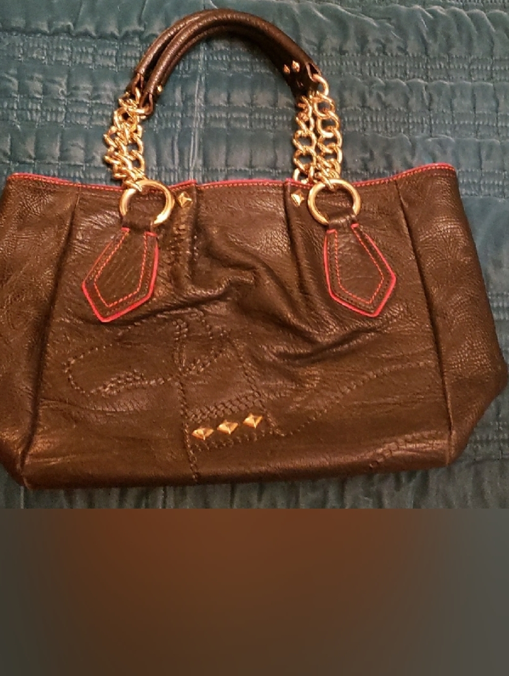 HAZZY Black Leather Handbag Gold Chain Handles and Red Trim